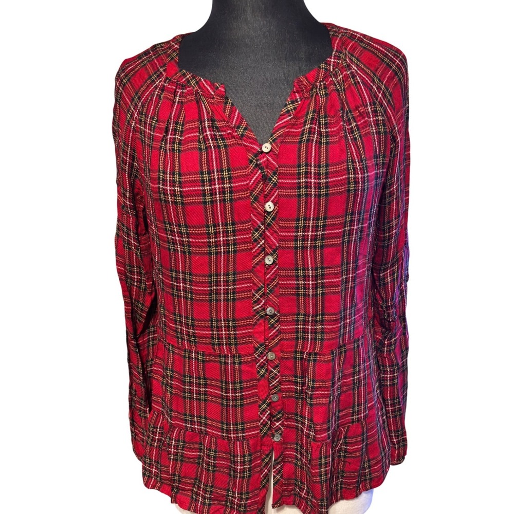 J Jill Red Plaid Button Front Tiered Ruffle Long Sleeve Rayon Tunic Top XS‎